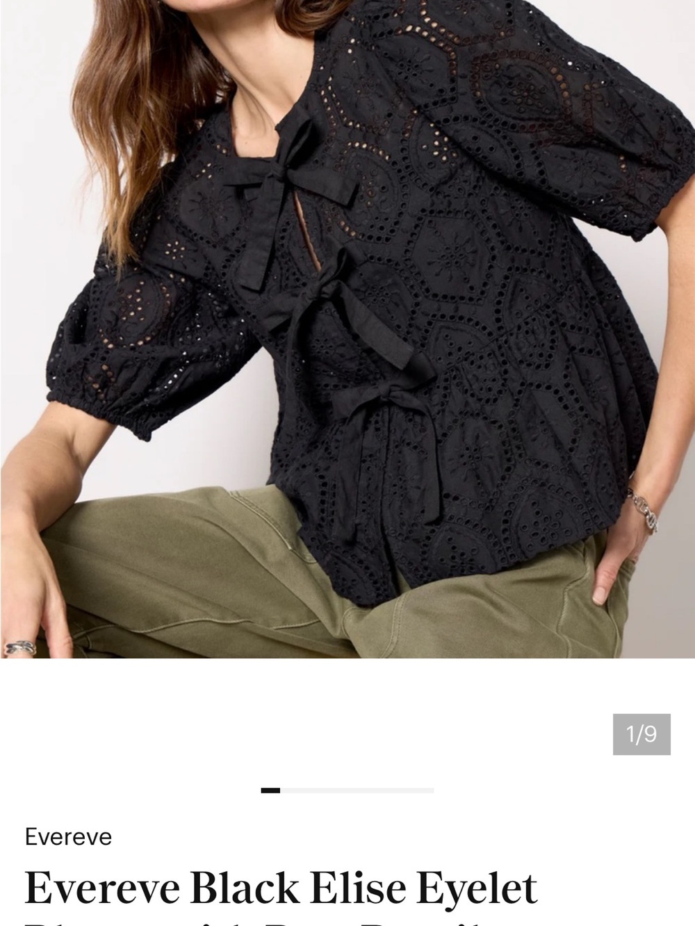 Evereve Black Cotton Eyelet Tie-Front Peplum Blouse Size XL